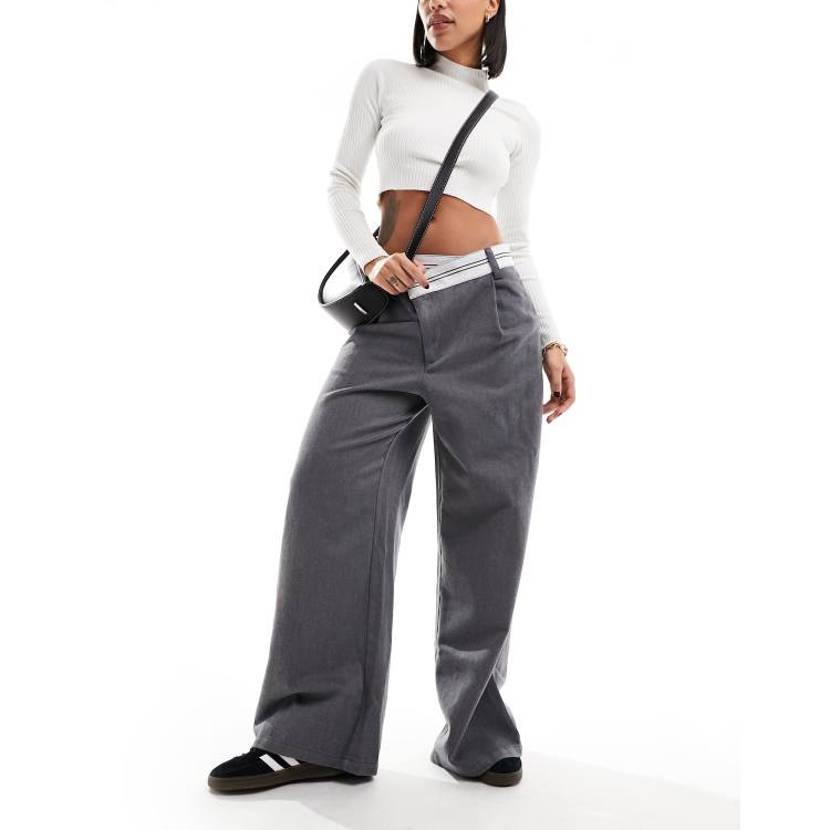 ASOS DESIGN asymmetric fold over waistband pants in gray | ASOS
