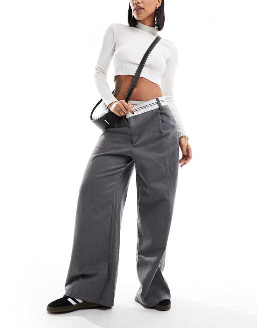 ASOS DESIGN asymmetric fold over waistband pants in gray