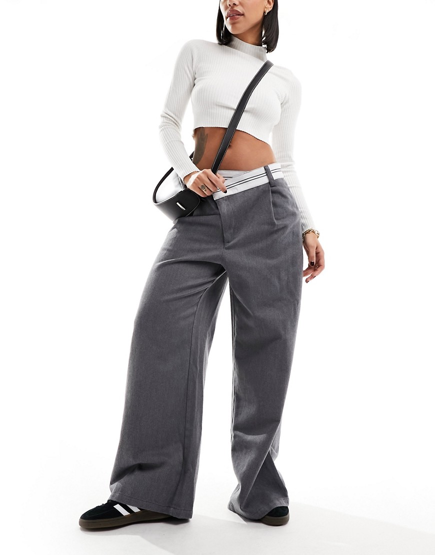 ASOS DESIGN asymmetric fold over waistband trouser in grey