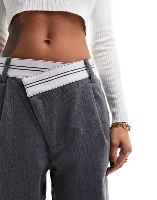 ASOS DESIGN asymmetric fold over waistband trouser in  grey, 2 of 5
