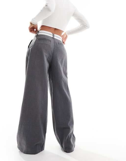 ASOS DESIGN asymmetric fold over waistband trouser in  grey, 4 of 5