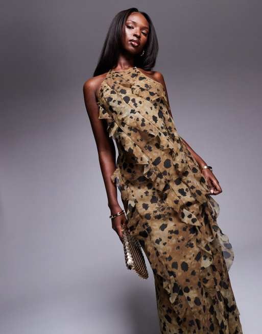 ASOS DESIGN asymmetric frill detail maxi dress in leopard print