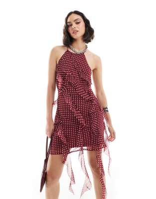 asos design asymmetric frill detail mini dress in rust spot