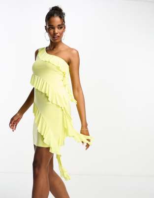 ASOS DESIGN asymmetric frill one shoulder mini dress in yellow ASOS