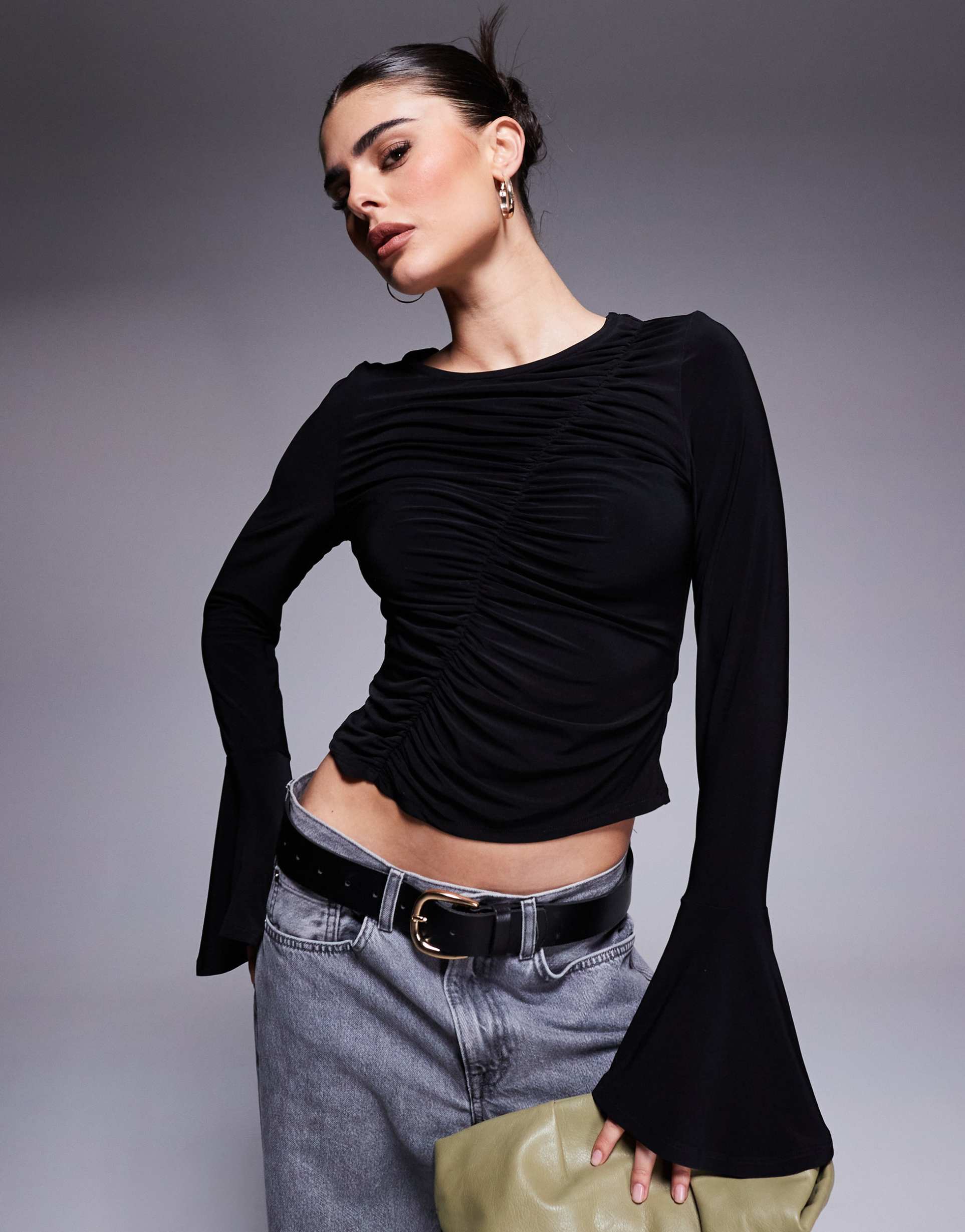 asos design asymmetric gathered flared long sleeve top in black