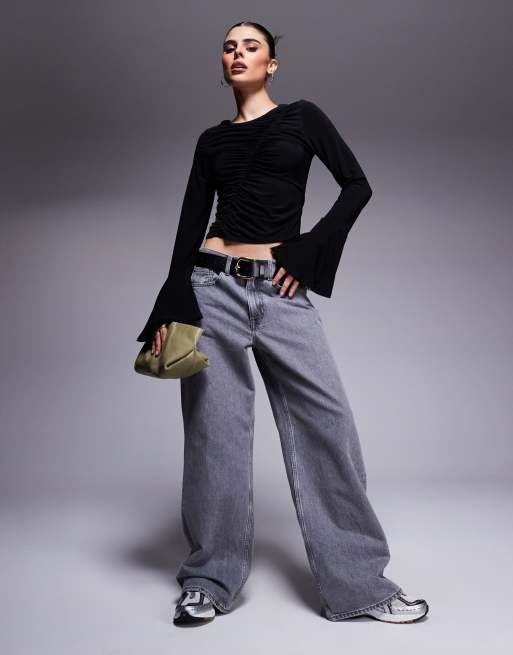 ASOS DESIGN asymmetric gathered flared long sleeve top in black