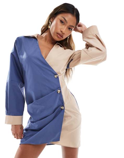 ASOS DESIGN asymmetric half wrap shirt dress with front button detail in tan and navy - view 1
