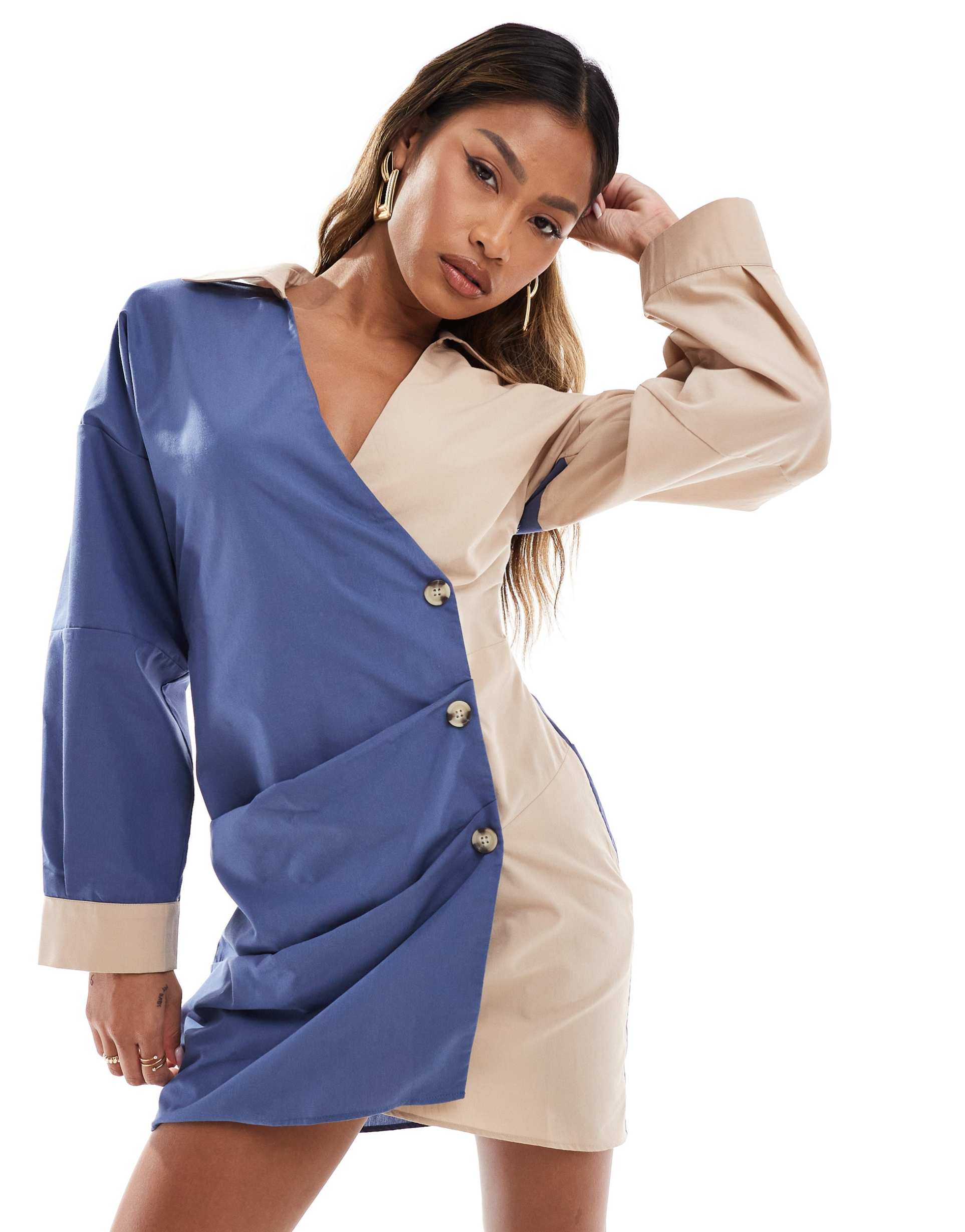 asos design asymmetric half wrap shirt dress with front button detail in tan and navy