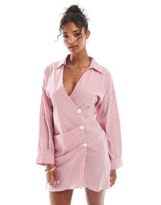 ASOS DESIGN asymmetric half wrap shirt with front button detail in cut about stripe-Multi