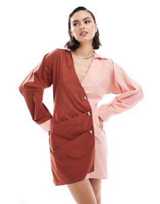 Asos Design Asymmetric Half Wrap Shirt With Front Button Detail In Pink And Rust-multi