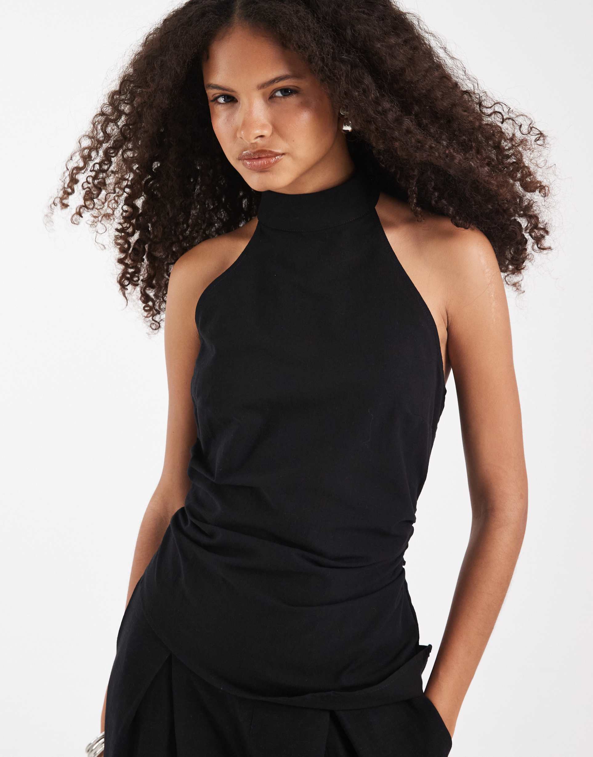 asos design asymmetric halterneck longline top in black