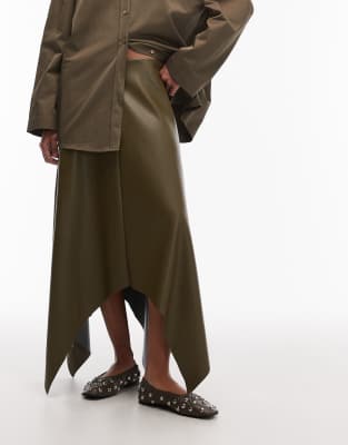 Asos Design Asymmetric Handkerchief Hem Mid Rise Pu Skirt In Green