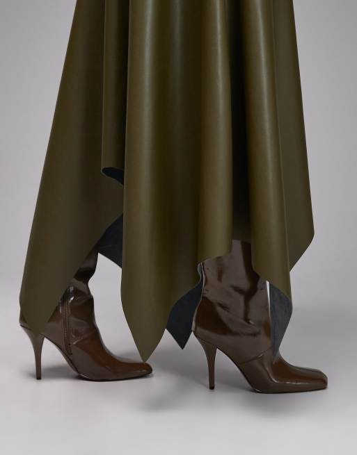ASOS DESIGN asymmetric handkerchief hem mid rise PU skirt in olive, 3 of 5