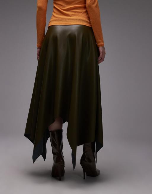 ASOS DESIGN asymmetric handkerchief hem mid rise PU skirt in olive, 5 of 5