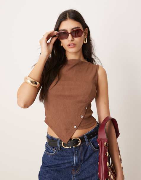 ASOS DESIGN asymmetric hem button through tank with pearlised buttons in brown - view 1