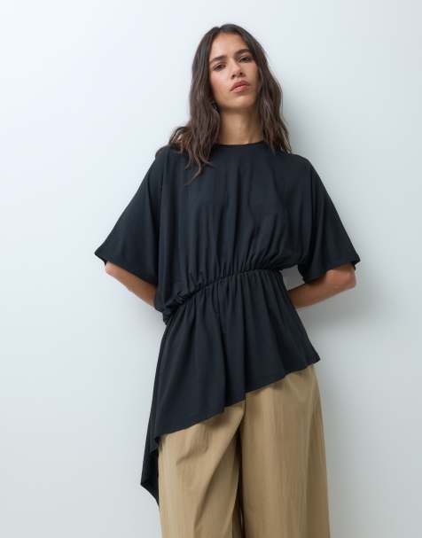 ASOS DESIGN asymmetric hem cinched waist tshirt in black - view 1