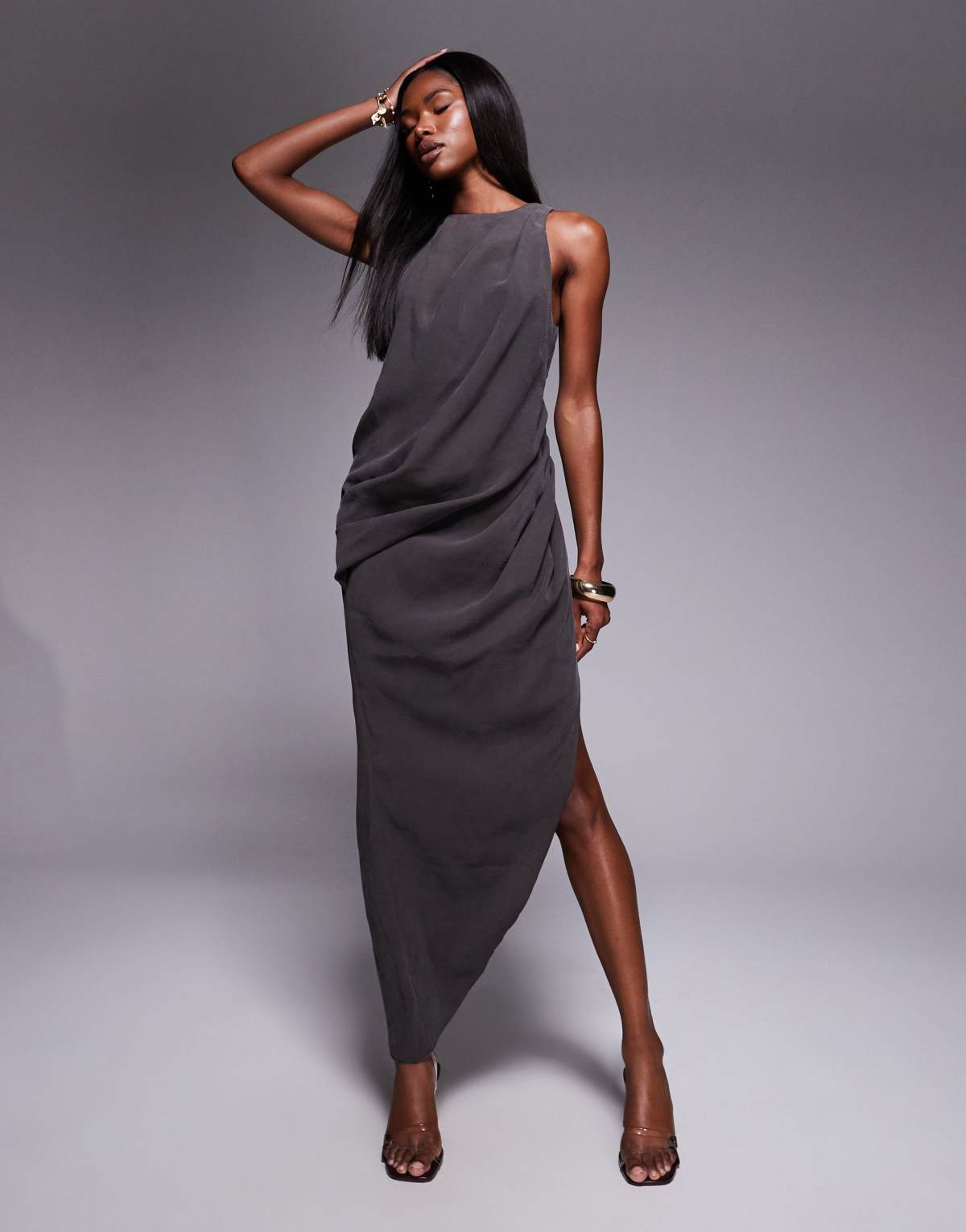 ASOS DESIGN asymmetric hem drape maxi dress in charcoal