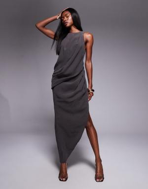 ASOS DESIGN asymmetric hem drape maxi dress in charcoal
