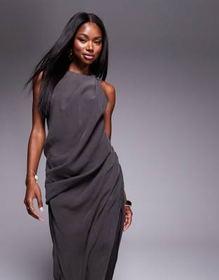 Asos Design Asymmetric Hem Drape Maxi Dress In Gray