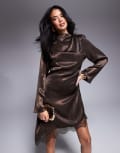 [ASOS DESIGN] ASOS DESIGN asymmetric hem lace mini dress in bitter chocolate-Brown 8 Chocolate