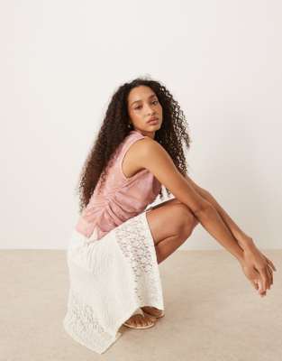 Asos Design Asymmetric Hem Lace Mini Skirt In White