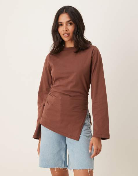 ASOS DESIGN asymmetric hem long sleeve ruched side top in brown - view 1