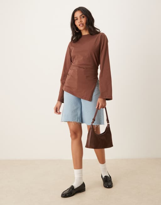 ASOS DESIGN asymmetric hem long sleeve ruched side top in brown