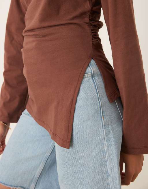 ASOS DESIGN asymmetric hem long sleeve ruched side top in brown