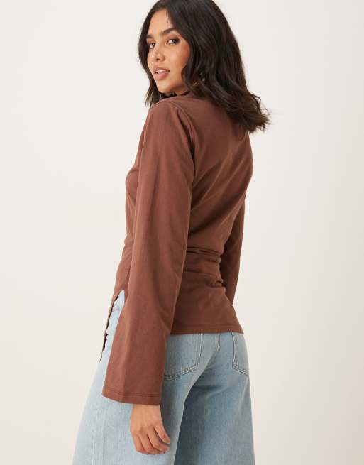 ASOS DESIGN asymmetric hem long sleeve ruched side top in brown
