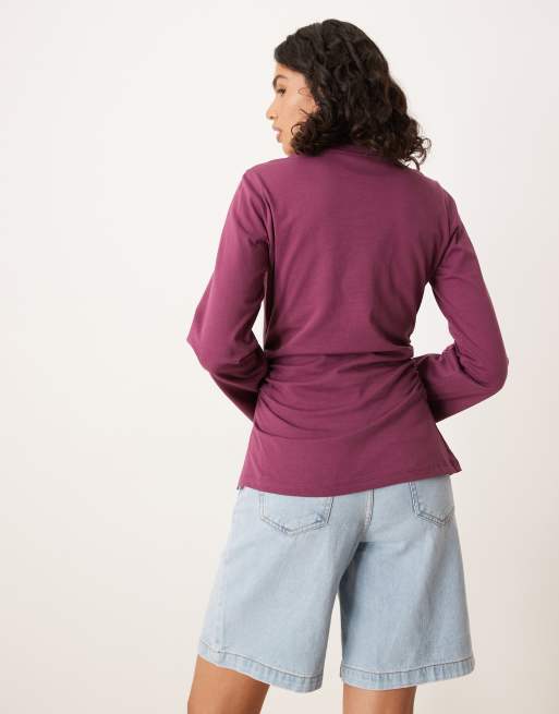 ASOS DESIGN asymmetric hem long sleeve ruched side top in fig