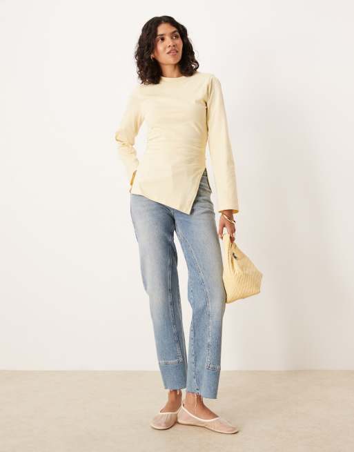 ASOS DESIGN asymmetric hem long sleeve ruched side top in yellow