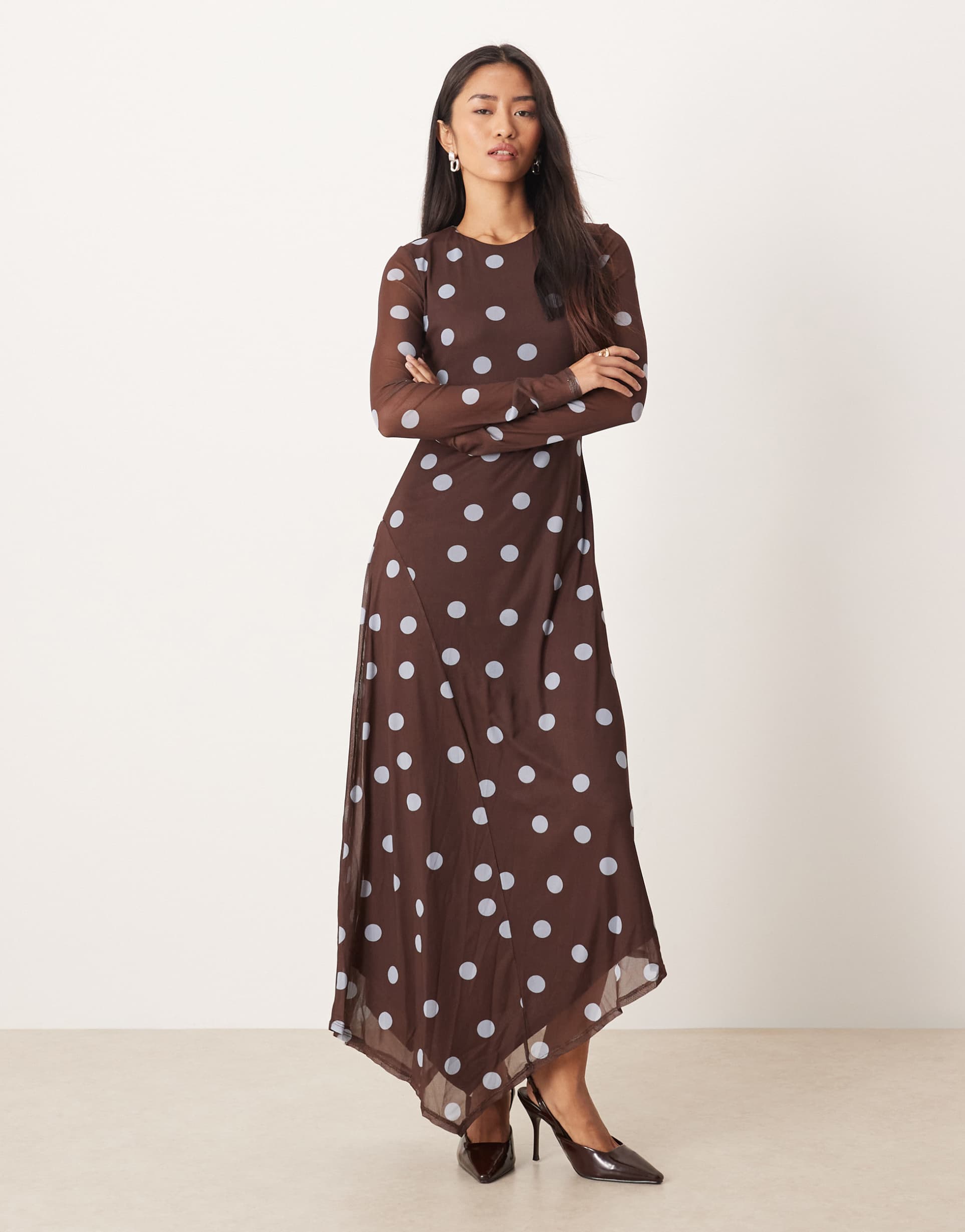 asos design asymmetric hem midi dress in polka dot print