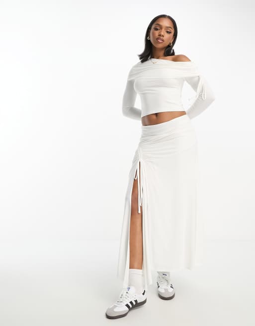 ASOS DESIGN asymmetric hem midi skirt co-ord with ruching detail in ivory, 2 of 2