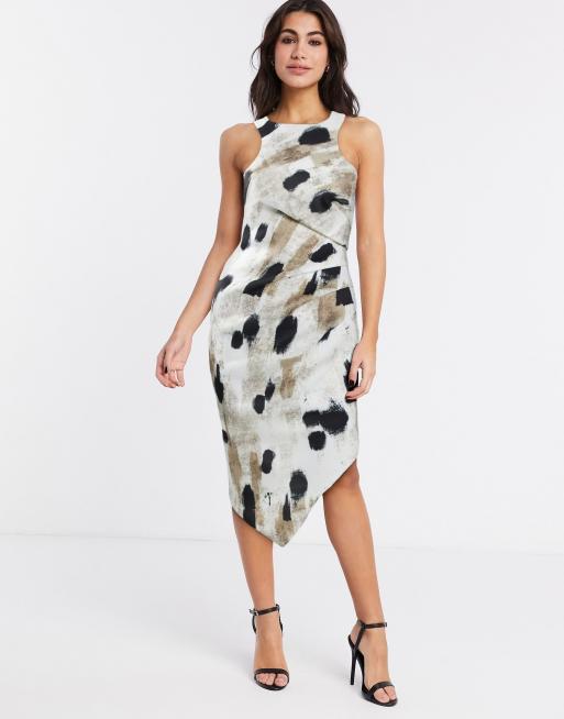 ASOS DESIGN asymmetric hem racer front tuck detail midi dress in splodge print