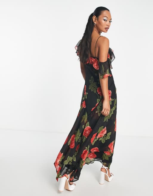 Asymmetric hem retro flower print off the shoulder outlet dress