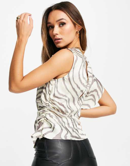 ASOS DESIGN asymmetric  high neck blouse with ruffle side detail in zebra , 3 of 4