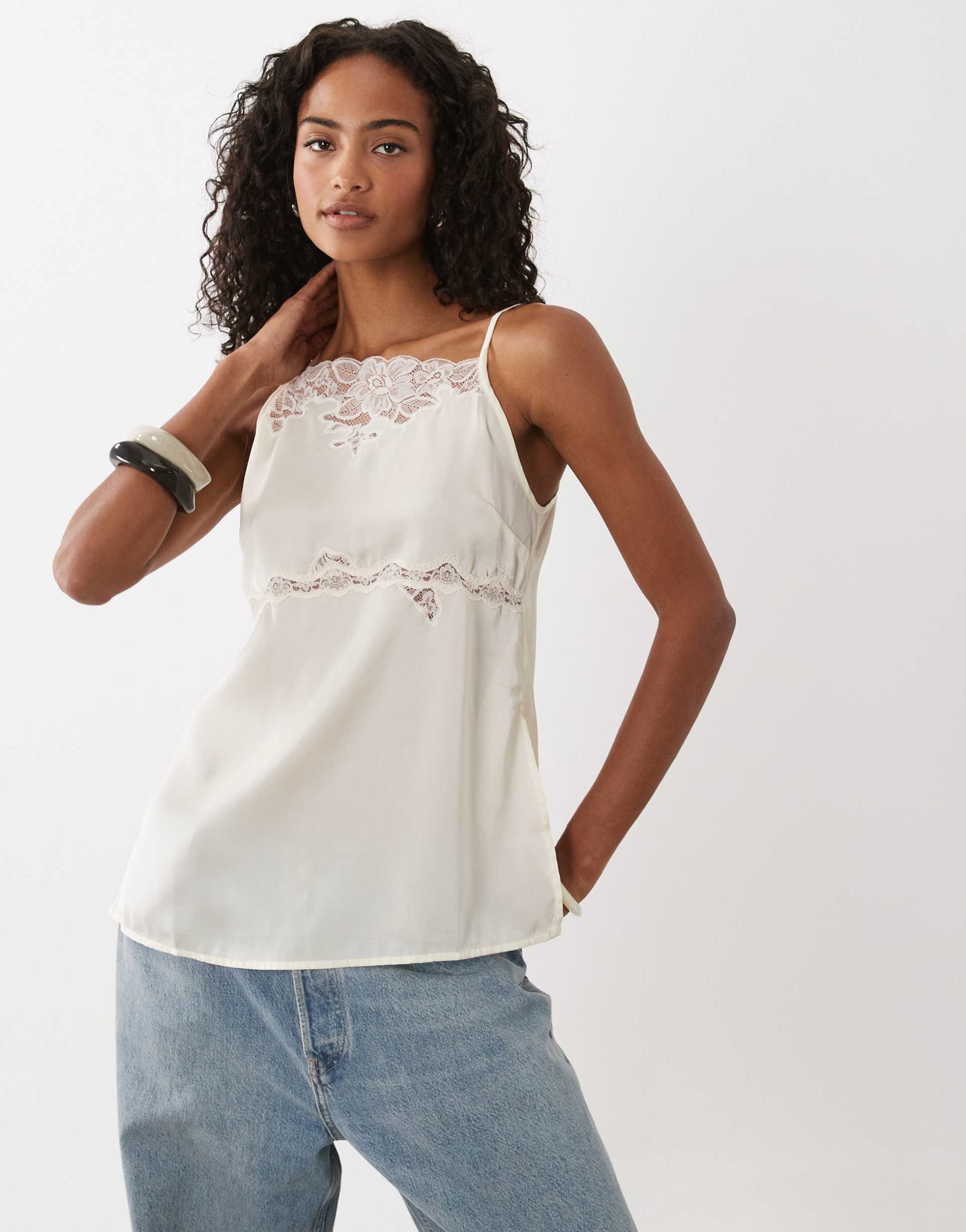 asos design asymmetric high neck lace trim cami with side slits in cream