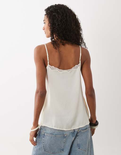 ASOS DESIGN asymmetric high neck lace trim cami with side splits in cream, 2 of 4