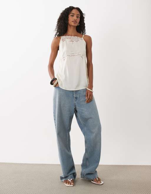 ASOS DESIGN asymmetric high neck lace trim cami with side splits in cream, 3 of 4