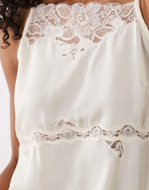 ASOS DESIGN asymmetric high neck lace trim cami with side splits in cream, 4 of 4