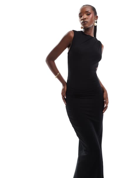ASOS DESIGN asymmetric high neck midi dress with cross open back in black - view 1