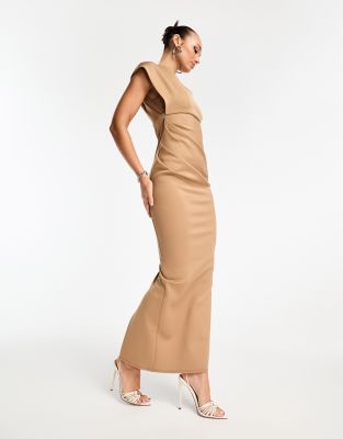 Asos Design Asymmetric High Neck Minimal Maxi Dress In Camel-neutral