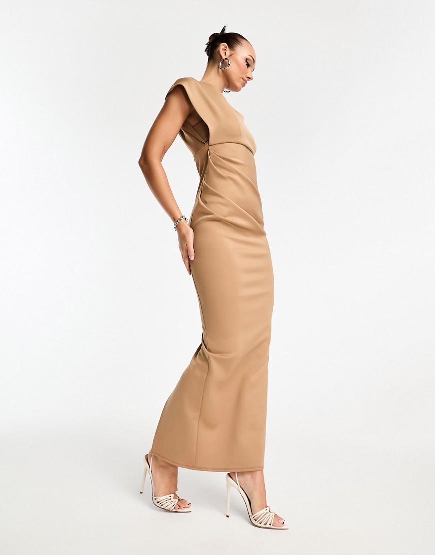 ASOS DESIGN asymmetric high neck minimal maxi dress in camel-Neutral