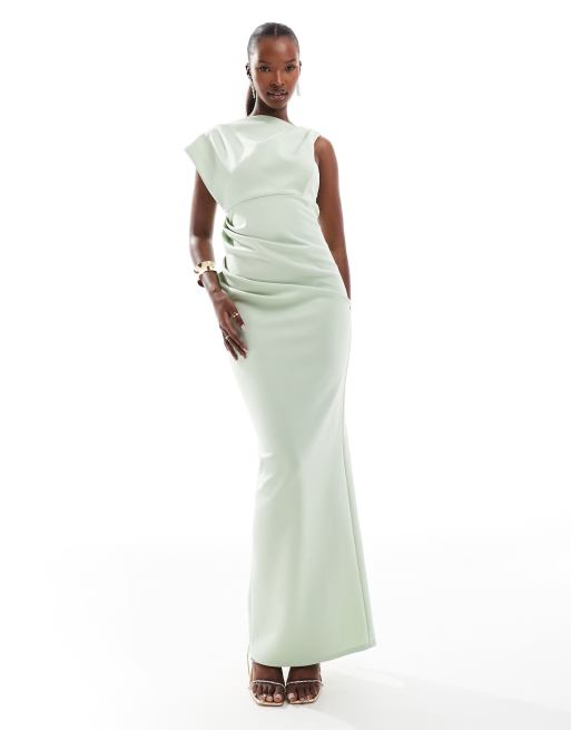 ASOS DESIGN asymmetric high neck minimal maxi dress in sage green