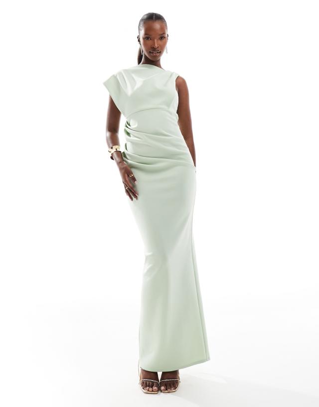 asos design high neck maxi dress in green asymmetric minimal sage VENDOR COLOR-GREEN WHITE