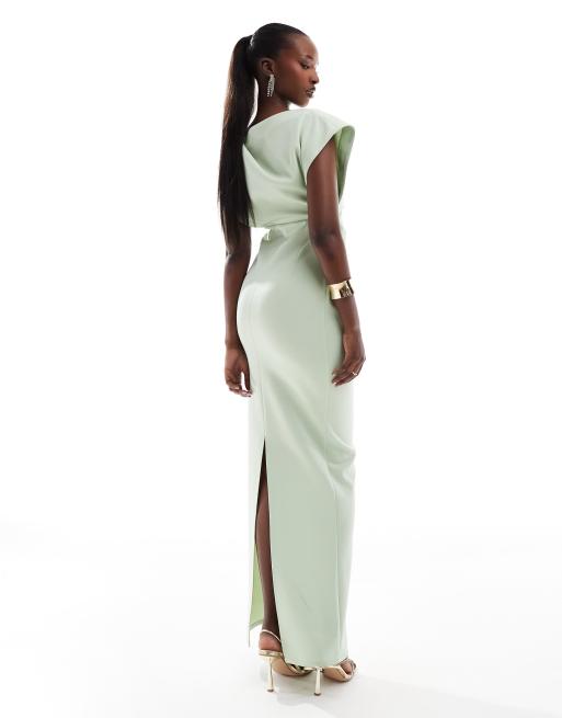 ASOS DESIGN asymmetric high neck minimal maxi dress in sage green