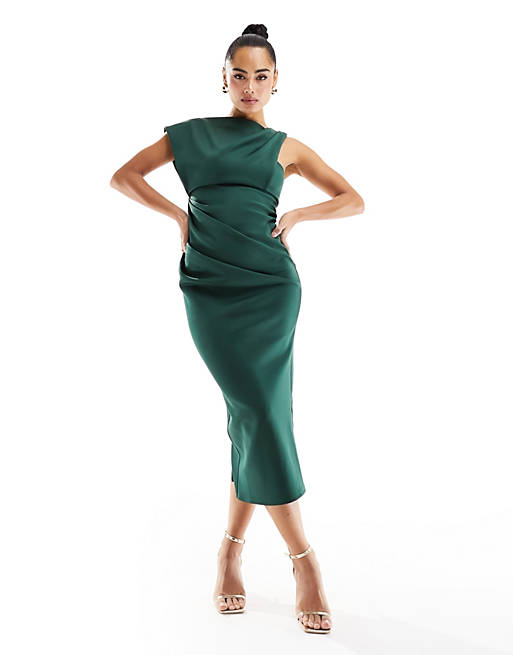 ASOS DESIGN asymmetric high neck minimal midi dress in green | ASOS