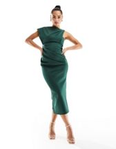ASOS Design Drape Midi Dress with Wrap Skirt in Textured Fabric in Green