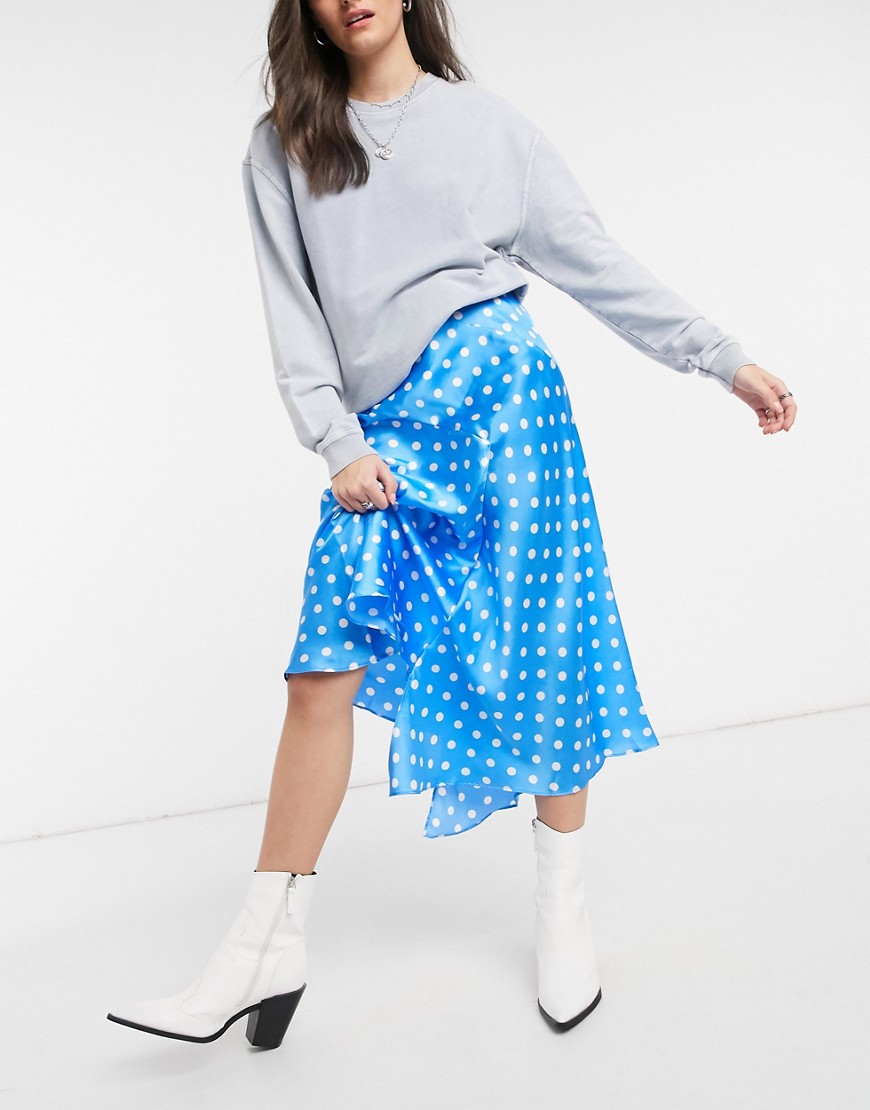 ASOS DESIGN asymmetric high shine midaxi skirt in blue polka dot-Multi