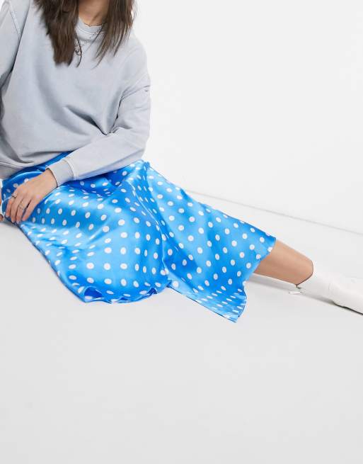 ASOS DESIGN asymmetric high shine midaxi skirt in blue spot print, 2 of 4
